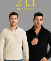 Erkek Fitilli Triko Kazak 2’li Set – Siyah - Bej Kalın Dokuma Pamuklu Regular Fit V Yaka Fermuarlı Uzun Kollu Rahat Kışlık Kazak Kombini