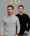 Erkek Fitilli Triko Kazak 2’li Set – Siyah - Gri, Kalın Dokuma Pamuklu Regular Fit Bisiklet Yaka Uzun Kollu Rahat Kışlık Kazak Kombini