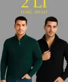 Erkek Fitilli Triko Kazak 2’li Set – Siyah & Haki Kalın Dokuma Pamuklu Regular Fit V Yaka Fermuarlı Uzun Kollu Rahat Kışlık Kazak Kombini