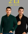 Erkek Fitilli Triko Kazak 2’li Set – Siyah - Haki Kalın Dokuma Pamuklu Regular Fit V Yaka Fermuarlı Uzun Kollu Rahat Kışlık Kazak Kombini