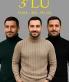 Erkek Fitilli Triko Kazak 3lÜ Set Bej Haki Siyah Regular Balıkcı Yaka Tam Boğazlı Triko Seti Modeli Kazak