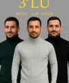Erkek Fitilli Triko Kazak 3lÜ Set Gri Haki Siyah Regular Balıkcı Yaka Tam Boğazlı Triko Seti Modeli Kazak
