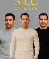 Erkek Fitilli Triko Kazak 3lü Set Bej Gri Siyah Regular Fit Bisiklet Yaka Triko Seti Kazak Modeli