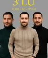 Erkek Fitilli Triko Kazak 3lÜ Set Bej Haki Siyah Regular Balıkcı Yaka Tam Boğazlı Triko Seti Modeli Kazak