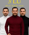 Erkek Fitilli Triko Kazak 3lÜ Set Beyaz Bordo Siyah Regular Balıkcı Yaka Tam Boğazlı Triko Seti Modeli Kazak