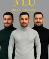 Erkek Fitilli Triko Kazak 3lÜ Set Gri Haki Siyah Regular Balıkcı Yaka Tam Boğazlı Triko Seti Modeli Kazak