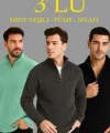 Erkek Fitilli Triko Kazak 3’lü Set – Mint Yeşili, Siyah, Füme Kalın Dokuma Pamuklu Regular Fit V Yaka Fermuarlı Uzun Kollu Rahat Kışlık Kazak Kombini