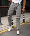 Erkek Gri Yıkama Yırtık Detaylı Boyfriend Jean