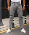 Erkek Gri Yıkama Yırtık Detaylı Boyfriend Jean