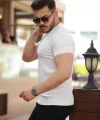 Erkek Ince çizgi Dokulu Bisiklet Yaka Kısa Kollu T-shirt