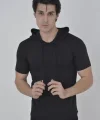 Erkek Kapşonlu Slim Fit T-shirt - Siyah