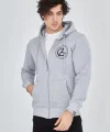 Erkek Kapüşonlu Baskılı Fermuarlı Hırka - Gri