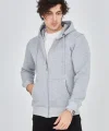 Erkek Kapüşonlu Düz Fermuarlı Hırka - Gri