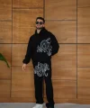 Erkek Kapüşonlu Eşofman Takım Graffiti Baskılı Oversize Rahat Kalıp, Kanguru Cepli, Streetwear Tarzında Premium Ürün 3 Iplik Pamuklu - Siyah