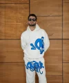 Erkek Kapüşonlu Eşofman Takım Graffiti Baskılı  Oversize Rahat Kalıp, Kanguru Cepli, Streetwear Tarzında Premium Ürün 3 iplik Pamuklu - Beyaz