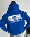 Erkek Kapüşonlu Oversize Hoodie – Üç İplik Pamuklu, Astronot Temalı Renkli Dünya Baskılı, Kanguru Cepli Premium Sweatshirt - Saks Mavi