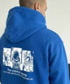 Erkek Kapüşonlu Oversize Hoodie – Üç İplik Pamuklu, Astronot Temalı Renkli Dünya Baskılı, Kanguru Cepli Premium Sweatshirt - Saks Mavi