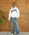 Erkek Kapüşonlu Sweatshirt Hoodie 3 İplik Şardonlu Pamuklu Kumaş, Önü Baskılı, Fermuarlı Rahat Kalıp, Kışlık Ve Sokak Stili Sweat - Beyaz