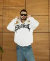 Erkek Kapüşonlu Sweatshirt Hoodie 3 İplik Şardonlu Pamuklu Kumaş, Önü Baskılı, Fermuarlı Rahat Kalıp, Kışlık Ve Sokak Stili Sweat - Beyaz