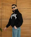 Erkek Kapüşonlu Sweatshirt  Hoodie 3 İplik Şardonlu Pamuklu Kumaş, Önü Baskılı, Fermuarlı Rahat Kalıp, Kışlık Ve Sokak Stili Sweat - Siyah