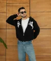 Erkek Kapüşonlu Sweatshirt  Hoodie 3 İplik Şardonlu Pamuklu Kumaş, Önü Baskılı, Fermuarlı Rahat Kalıp, Kışlık Ve Sokak Stili Sweat - Siyah