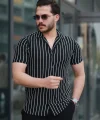 Erkek Kısa Kollu Beyaz çizgi Desenli örme Kumaş Pamuklu Gömlek