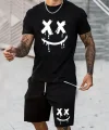 Erkek Kısa Kollu Bisiklet Yaka Baskılı Bluz Ipli Short Iki Iplik Takım