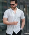 Erkek Kısa Kollu Gri çizgi Desenli örme Kumaş Pamuklu Gömlek