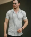 Erkek Kısa Kollu Gri çizgi Desenli örme Kumaş Pamuklu Gömlek
