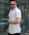 Erkek Kısa Kollu Gri çizgi Desenli örme Kumaş Pamuklu Gömlek