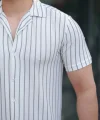 Erkek Kısa Kollu Gri çizgi Desenli örme Kumaş Pamuklu Gömlek
