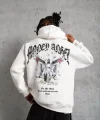 Erkek Kordon İpli Baskılı Kapüşonlu Sweatshirt - Beyaz
