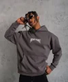 Erkek Kordon İpli Baskılı Kapüşonlu Sweatshirt - Füme