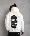 Erkek Kordonlu Maske Baskılı Kapüşonlu Sweat - Beyaz
