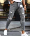 Erkek Koyu Gri Yırtık Detaylı Skinny Jean