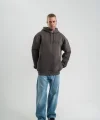 Erkek Nakış İşlemeli Kapşonlu Antrasit Sweatshirt Üç İplik Double Oversize- Füme