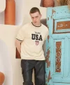 Erkek Nakış İşlemeli Ribanalı Oversize T-shirt - Bej