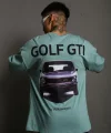 Erkek Oversize Baskılı Tişört – Golf GTI Retro Araba Desenli, Ön - Arka Dijital Baskı, Sokak Modası Stil - Mint Yeşili