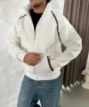 Erkek Oversize Dik Yaka Fermuarlı Sweatshirt - Zincir Nakışli Kanguru Cepli - Beyaz