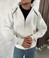 Erkek Oversize Dik Yaka Fermuarlı Sweatshirt - Zincir Nakışli Kanguru Cepli - Beyaz
