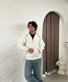 Erkek Oversize Dik Yaka Fermuarlı Sweatshirt - Zincir Nakışli Kanguru Cepli - Beyaz