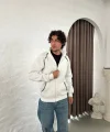 Erkek Oversize Dik Yaka Fermuarlı Sweatshirt - Zincir Nakışli Kanguru Cepli - Beyaz