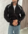 Erkek Oversize Dik Yaka Fermuarlı Sweatshirt - Zincir Nakışli Kanguru Cepli - Siyah