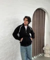 Erkek Oversize Dik Yaka Fermuarlı Sweatshirt - Zincir Nakışli Kanguru Cepli - Siyah