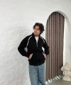 Erkek Oversize Dik Yaka Fermuarlı Sweatshirt - Zincir Nakışli Kanguru Cepli - Siyah