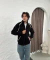 Erkek Oversize Dik Yaka Fermuarlı Sweatshirt - Zincir Nakışli Kanguru Cepli - Siyah