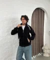 Erkek Oversize Dik Yaka Fermuarlı Sweatshirt - Zincir Nakışli Kanguru Cepli - Siyah