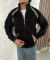 Erkek Oversize Dik Yaka Fermuarlı Sweatshirt - Zincir Nakışli Kanguru Cepli - Siyah