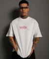 Erkek Oversize Tişört – Beyaz 24/1 Penye Kumaş, Bisiklet Yaka, Ön - Arka Baskılı, Streetwear Tarzı Rahat Büyük Kalıp T-Shirt- Beyaz