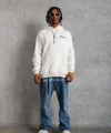 Erkek Oversize Üç İplik Kapüşonlu Sweat – Kol ve Etek Ribana Detaylı, Ön ve Sırt Baskılı, Kanguru Cepli Rahat Kalıp Model - Beyaz